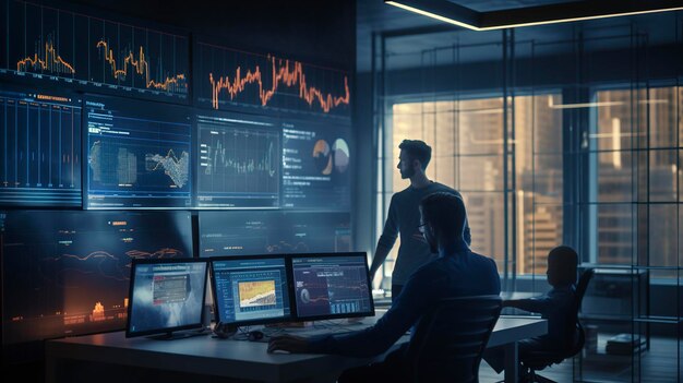 a man in a dark room with a graph on the wall behind him