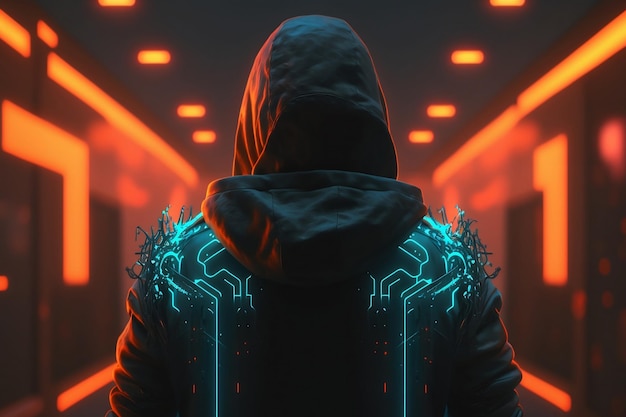 A man in a dark room with a neon light on his hoodie.