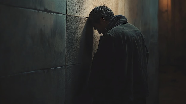 A man in a dark silhouette leans against a wall his head in his hands