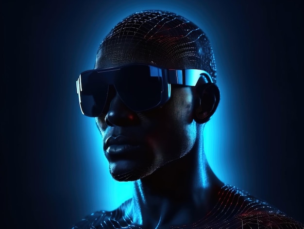 man dark skinned wearing VR glasses virtual global world internet connection