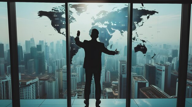 A man in a dark suit stands in front of a wallsized window with a world map