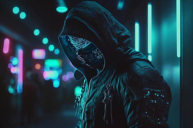 A man in a dark suit with a mask on his face stands in a dark street.