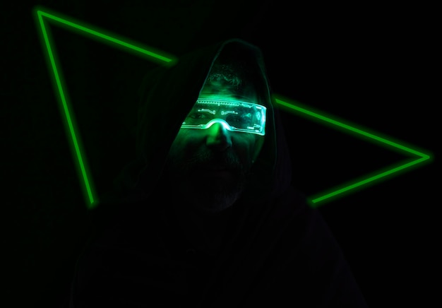 Man in the dark with luminous glasses