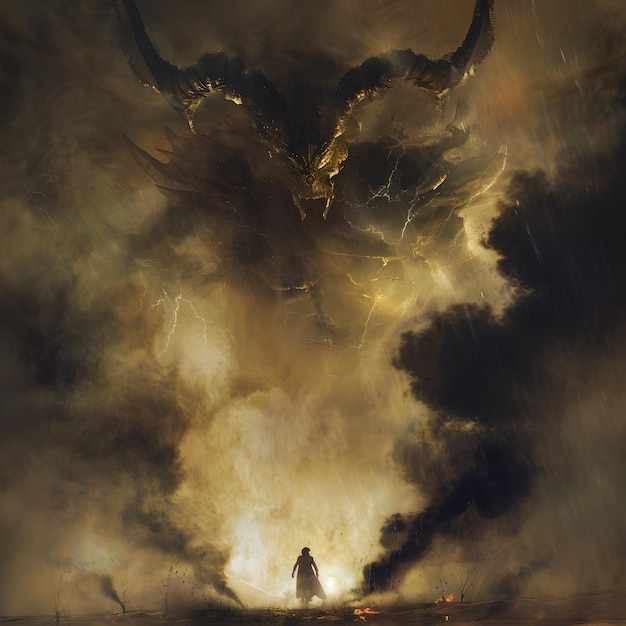 Photo a man in a dark world with a bull head in the background