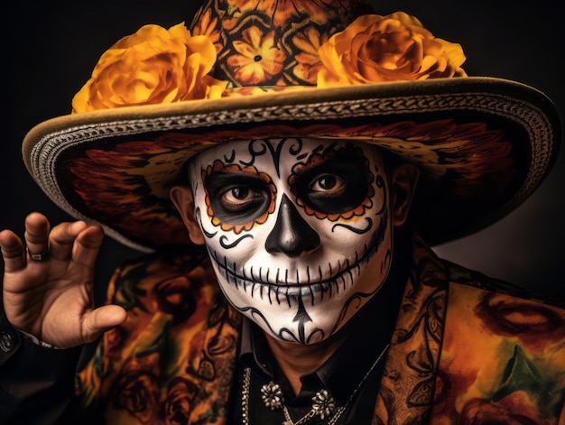 man in Day of the Dead makeup with playful pose