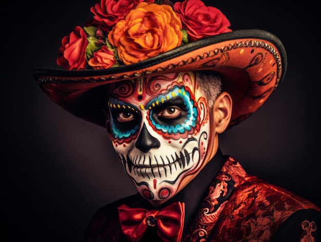 man in Day of the Dead makeup with playful pose