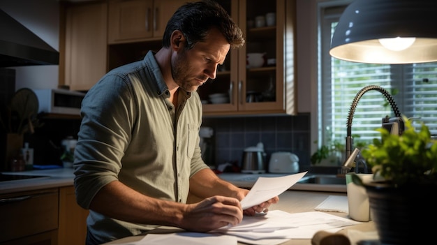 Photo man deals with paying bills at the end of the month in his kitchen