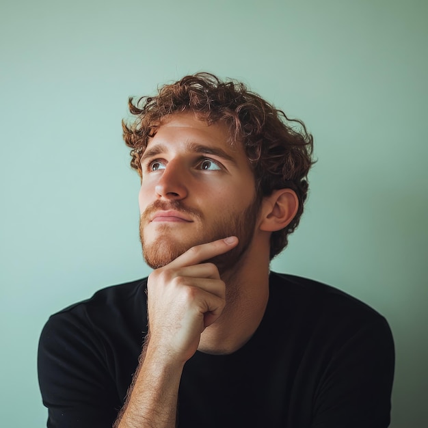 Photo a man deep in thought finger resting on his chin