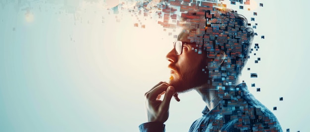 Photo a man in deep thought with the top of his head dissolving into pixels symbolizing the integration of technology and human mind