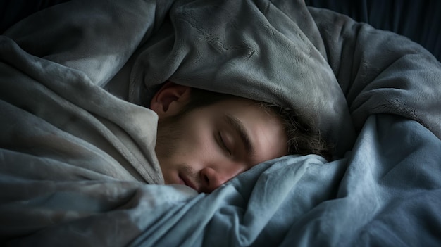 Man deeply asleep under a cozy grey blanket