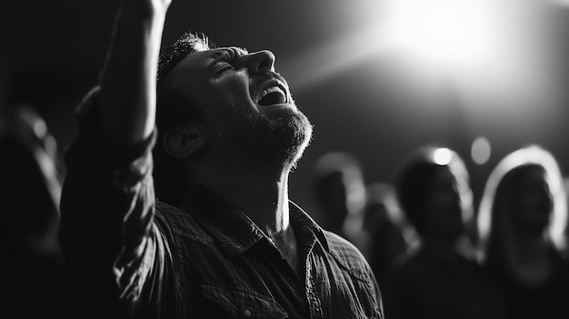 Photo man deeply engaged in worship at church