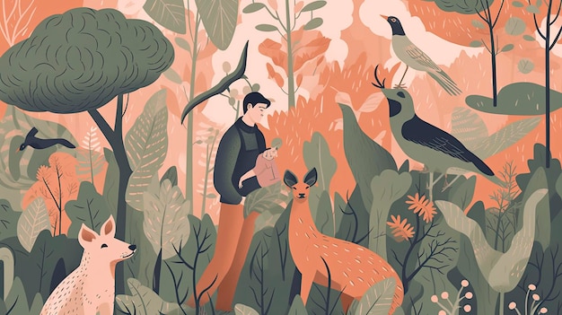 A man and a deer in a forest