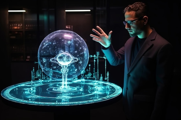 man demonstrates a holographic sphere presentation of modern biotechnology