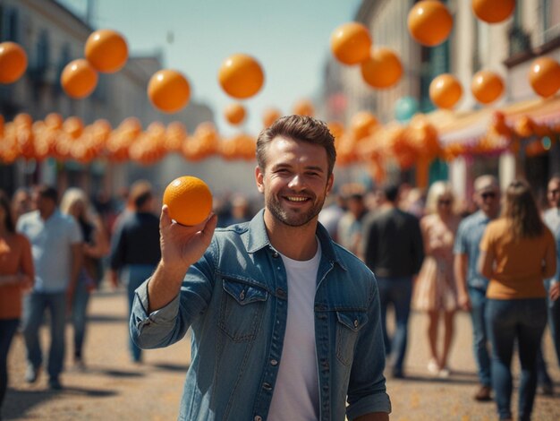 Photo a man in a denim jacket holds up oranges in the street