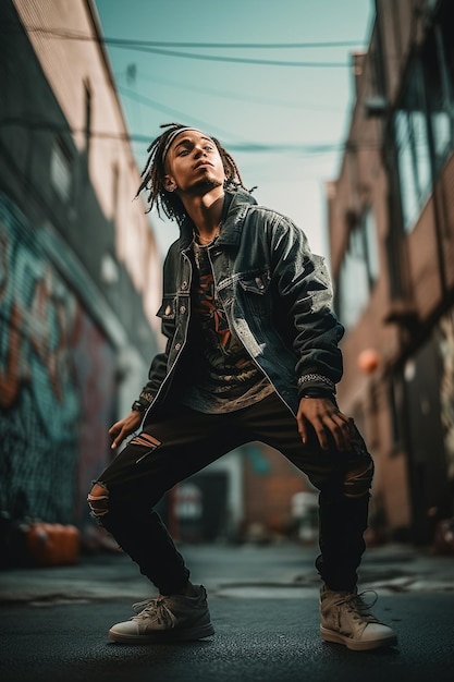 A man in a denim jacket stands on a skateboard in an alley.