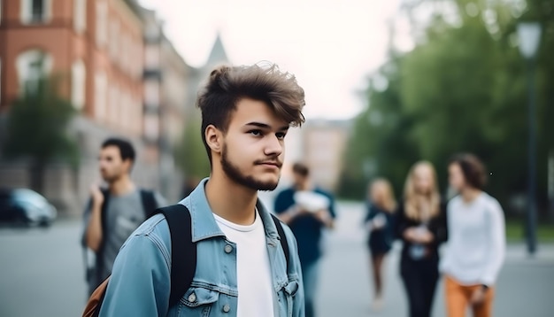 A man in a denim jacket walks down a street with a group of people in the background