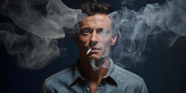 Man in denim shirt smoking with face obscured by brown square Concept Fashion Lifestyle influencer Photography Street style Edgy fashion