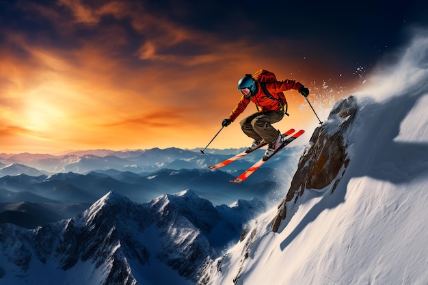 A man descends from the mountain on skis Winter sports