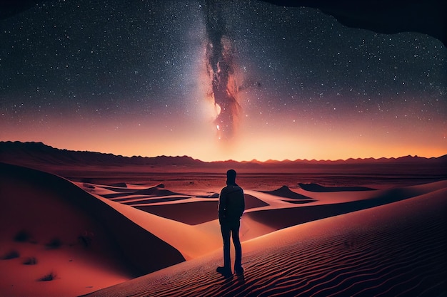 Man in the desert at night with starry sky and milky waygenerative ai