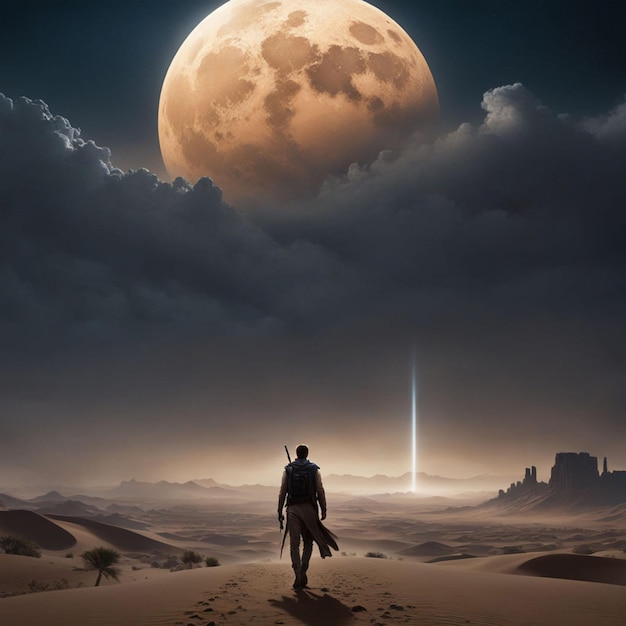 a man in a desert with a full moon in the background