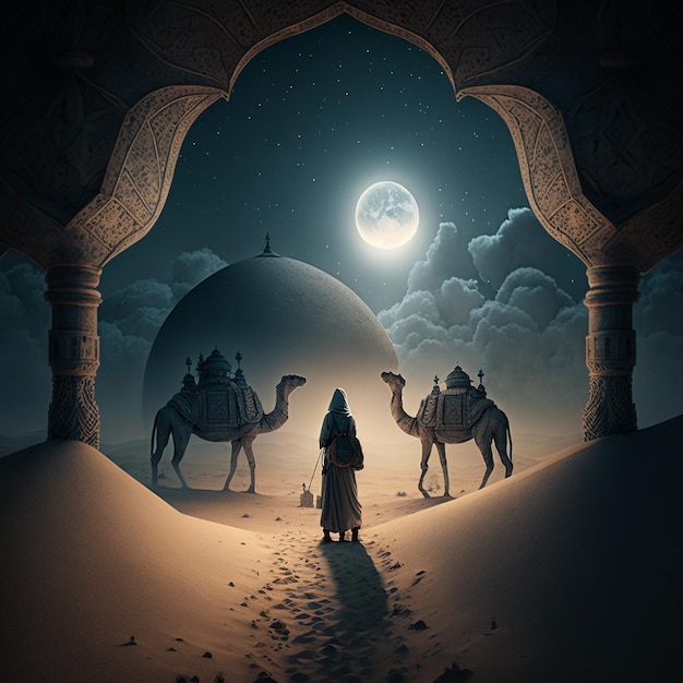 A man in a desert with two camels and a moon in the background