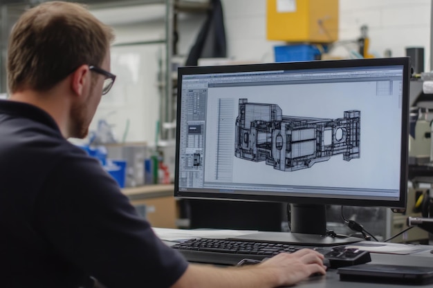 Photo man designing a 3d model of a mechanical part on a computer