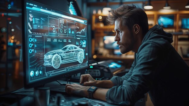 Man Designing Car Using Computer Software