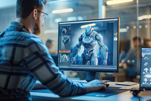 Photo man designing futuristic robot character on computer screen in m