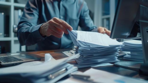 A man at a desk with papers flying out from the computer screen into the room