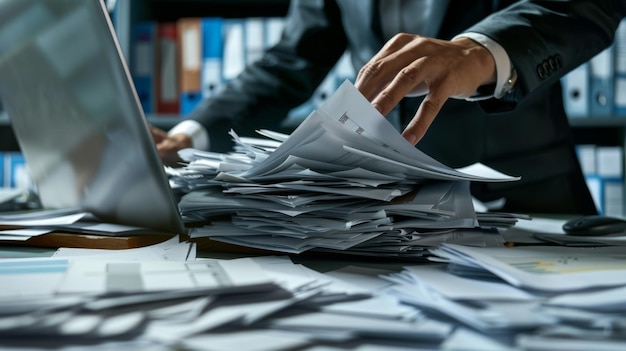 A man at a desk with papers flying out from the computer screen into the room