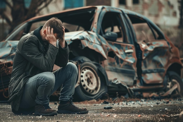 A man in despair sits by a wrecked car cradling his head in his hands conveying a moment of distress and possible loss