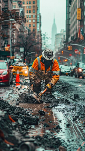 a man digging in a puddle of water with a shovel