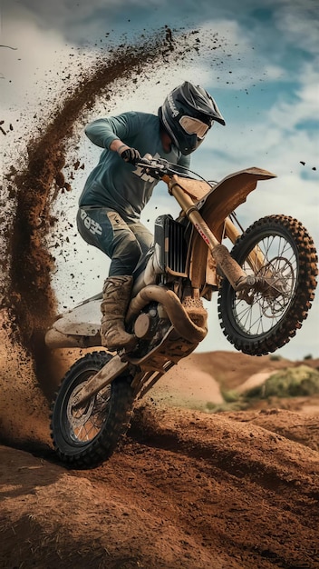 a man on a dirt bike is riding in the dirt AI Generated