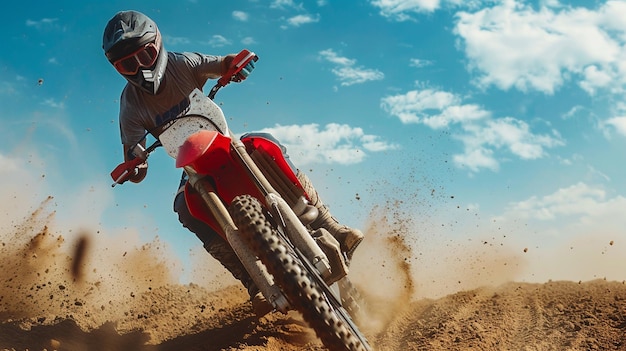 Photo a man on a dirt bike is riding in the dirt