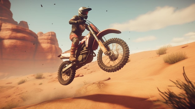 A man on a dirt bike jumps over a desert landscape.