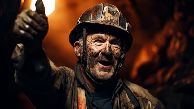 A man in a dirty work suit is giving a thumbs up