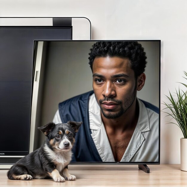 Man displaying a snapshot of a black puppy a darling companion dog