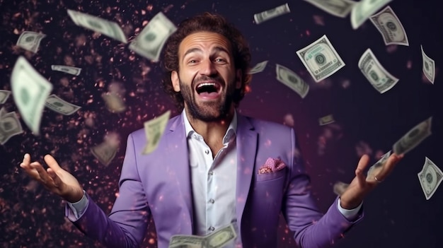 Man distributing cash in an obnoxious manner while wearing an officialstyle suit boasting of his wealth and the idea of reckless spending Generative AI