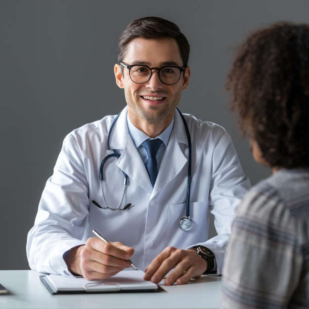 A man Doctor consults with female patient diagnoses health issues in clinic