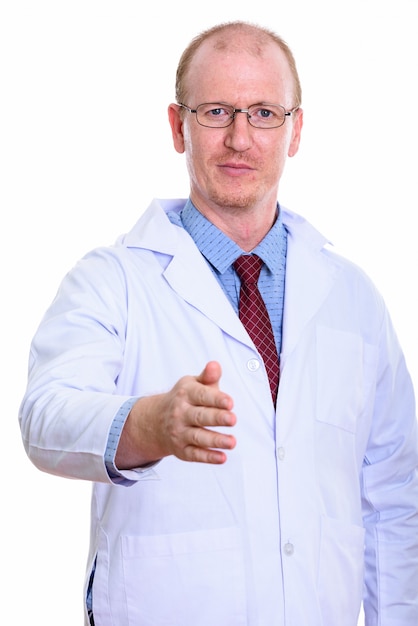 Photo man doctor giving handshake isolated on white