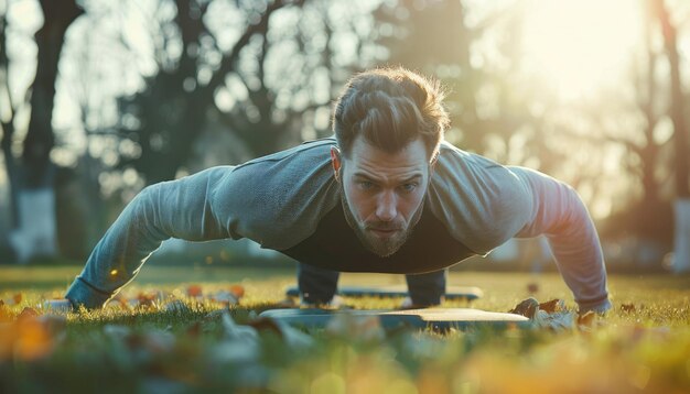 Photo a man does pushups in a park at sunrise displaying determination and strength aig58