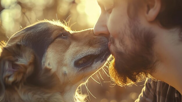 Photo a man and a dog are kissing each other and the man is wearing a beard