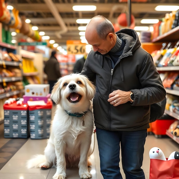 a man and a dog are looking at a toy store