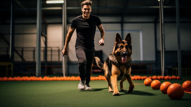 a man and a dog are playing with orange balls