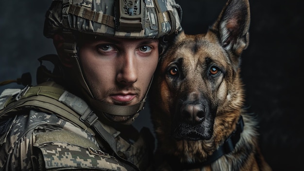 a man and a dog are posing with a dog