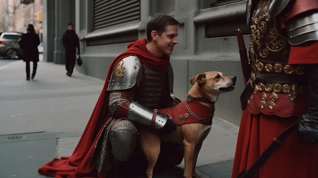 Photo a man and a dog are sitting on the ground with a cape that says  king