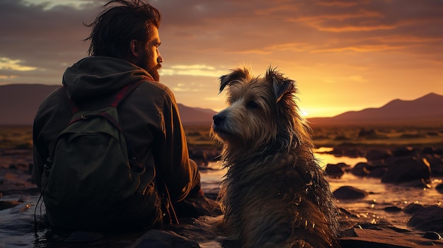 Man and dog on the beach at sunset.