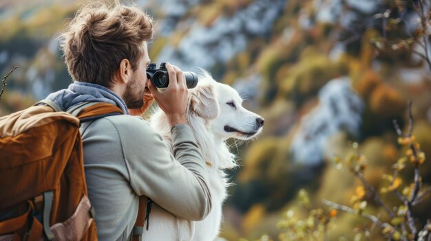 Photo man and dog enjoying a scenic view