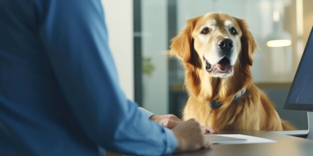 Photo man and dog in office meeting