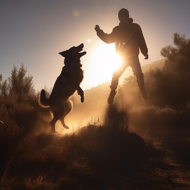 Man and dog rejoice and jump in nature backlighting sunset friendship between man and pet